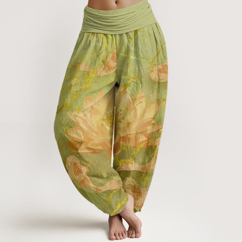 Nimara Ritual Cotton Casual Lotus Flower Koi Fish Pattern Women's Harem Pants