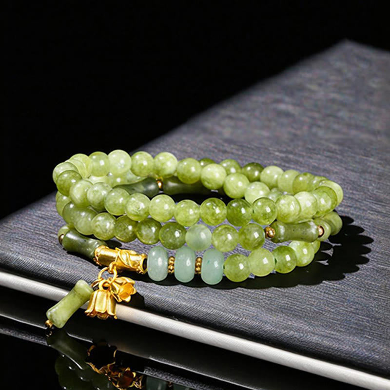 Nimara Ritual Retro Multilayer Lily of the Valley Bamboo Green Chalcedony Strength Bracelet