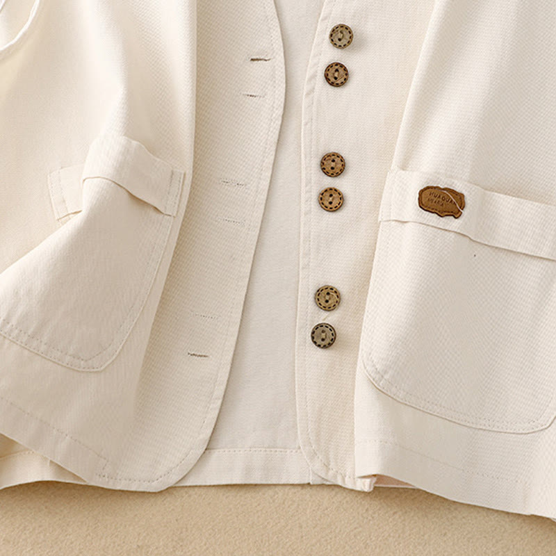 Nimara Ritual Solid Color Front Buttons Sleeveless Women's Cotton Waistcoat With Pockets