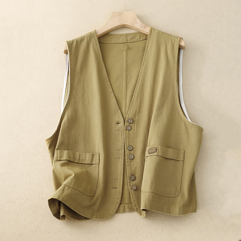 Nimara Ritual Solid Color Front Buttons Sleeveless Women's Cotton Waistcoat With Pockets