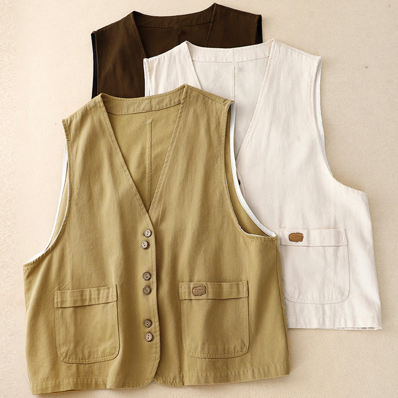 Nimara Ritual Solid Color Front Buttons Sleeveless Women's Cotton Waistcoat With Pockets