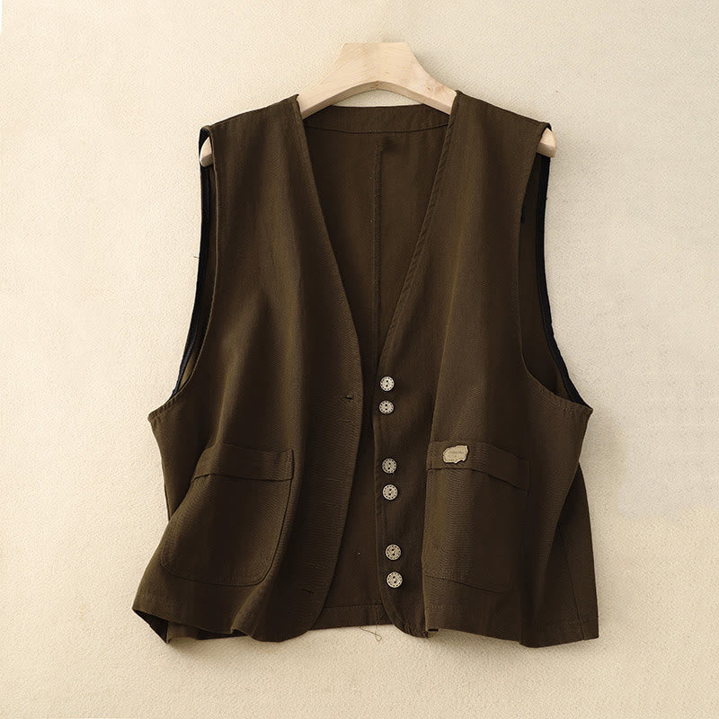 Nimara Ritual Solid Color Front Buttons Sleeveless Women's Cotton Waistcoat With Pockets