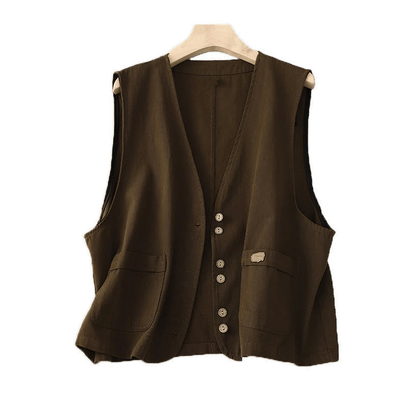 Nimara Ritual Solid Color Front Buttons Sleeveless Women's Cotton Waistcoat With Pockets