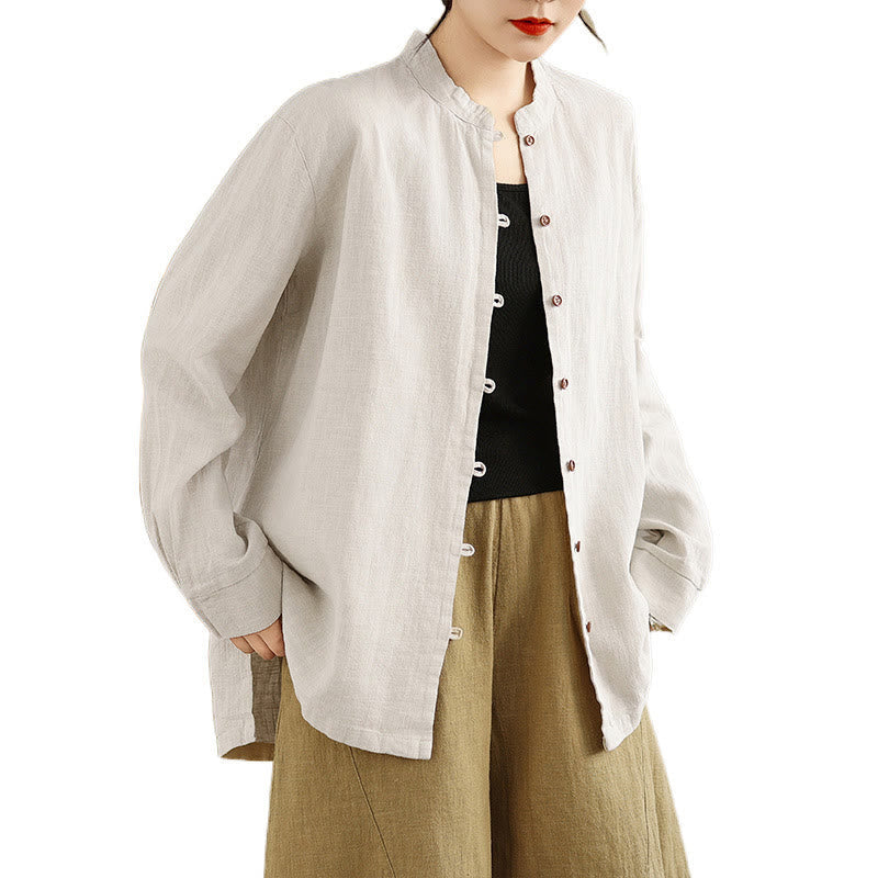 Nimara Ritual Solid Color Front Buttons Design Long Sleeve Women's Cotton Linen Shirt