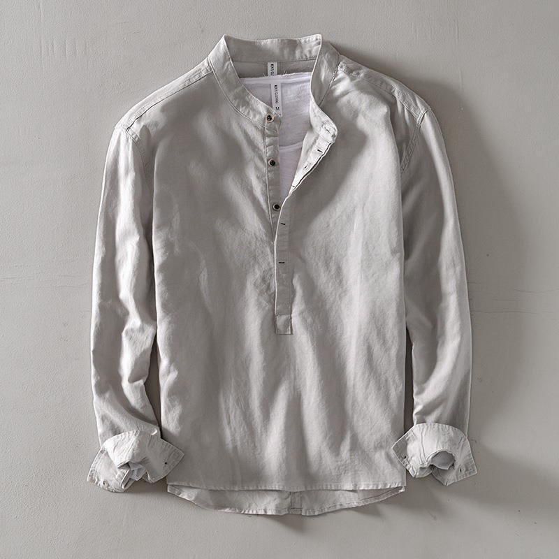 Nimara Ritual Solid Color Long Sleeve Half Button Shirt Cotton Linen Men Clothing