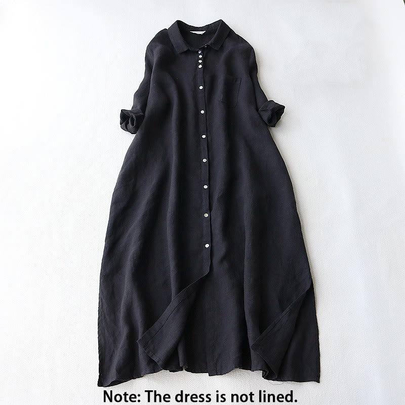 Nimara Ritual Buttons Design Lapel Three Quarter Sleeve Midi Dress With Pockets
