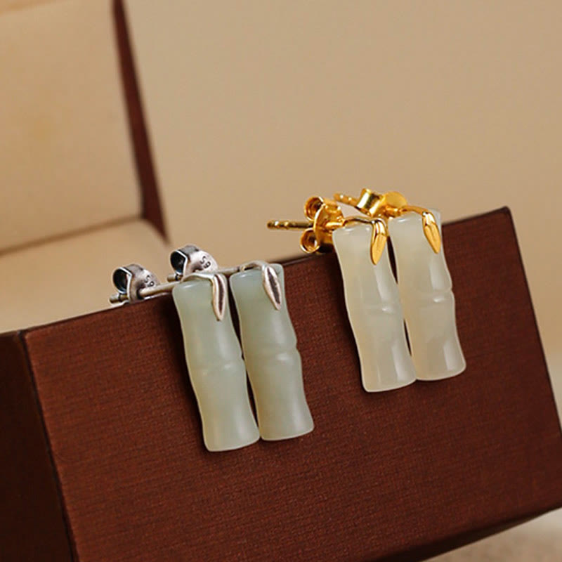 Nimara Ritual Bamboo Hetian Jade 925 Sterling Silver Leaf Wealth Earrings