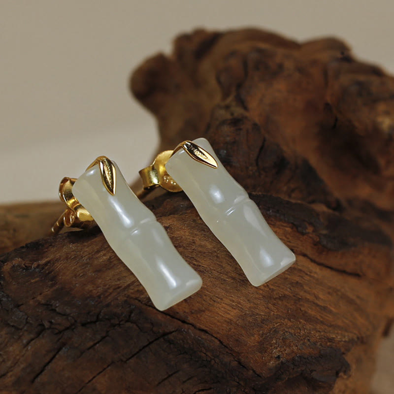 Nimara Ritual Bamboo Hetian Jade 925 Sterling Silver Leaf Wealth Earrings