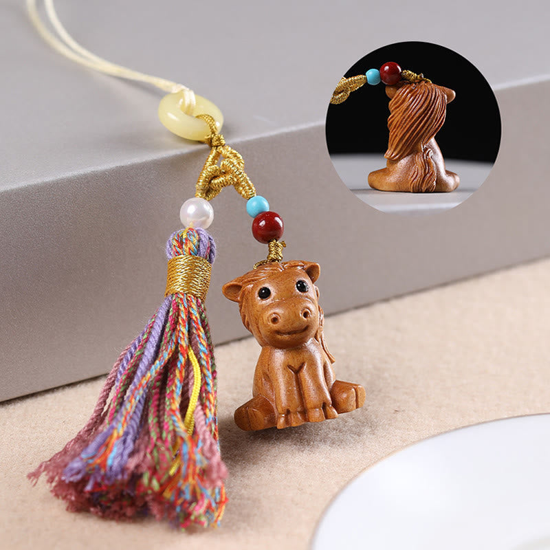 Nimara Ritual Sandalwood 12 Chinese Zodiac Blessing Colorful Tassel Accessories Keychain