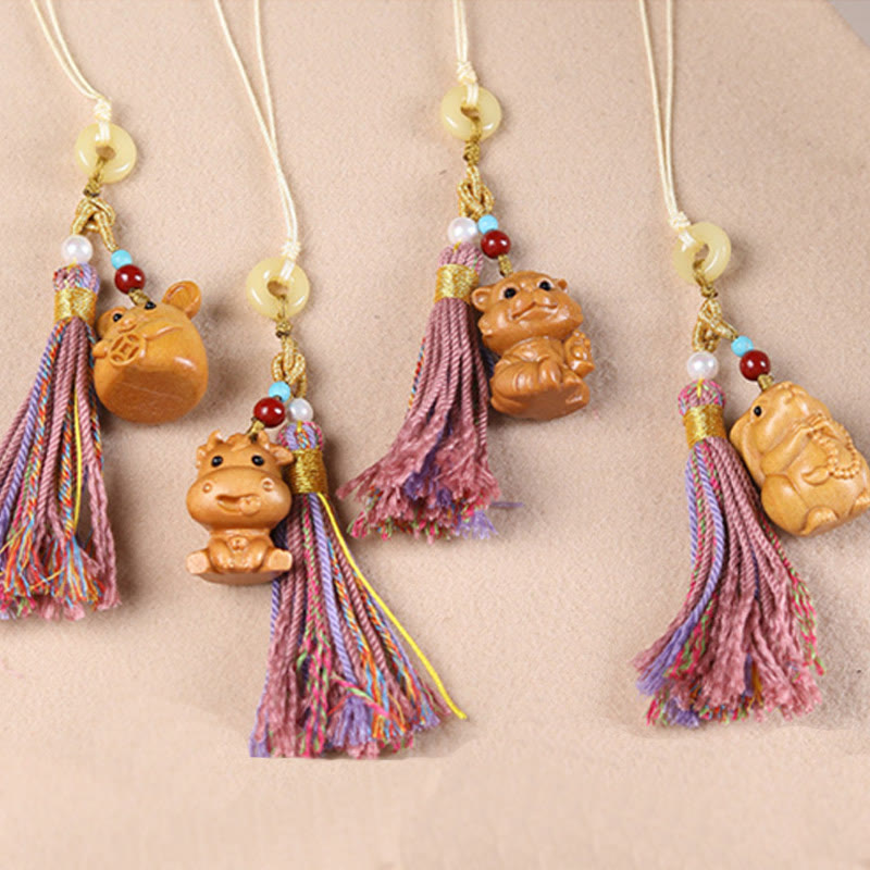 Nimara Ritual Sandalwood 12 Chinese Zodiac Blessing Colorful Tassel Accessories Keychain
