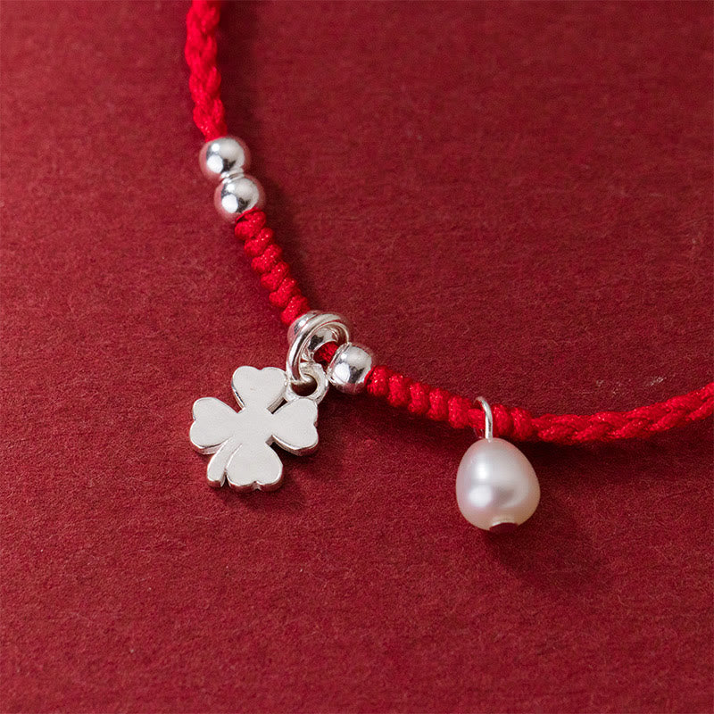 Nimara Ritual Retro 925 Sterling Silver Four Leaf Clover Pearl Luck Red String Bracelet