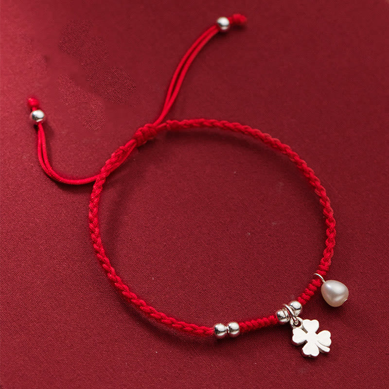 Nimara Ritual Retro 925 Sterling Silver Four Leaf Clover Pearl Luck Red String Bracelet