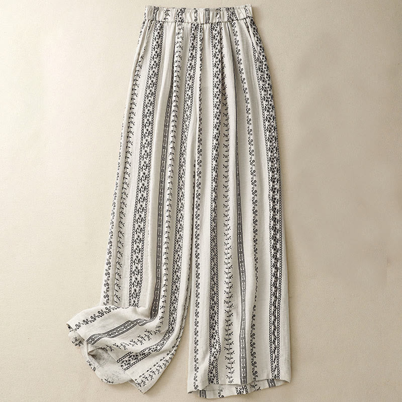 Nimara Ritual Casual Vertical Printing Cotton Linen Women's Wide Leg Pants With Pockets