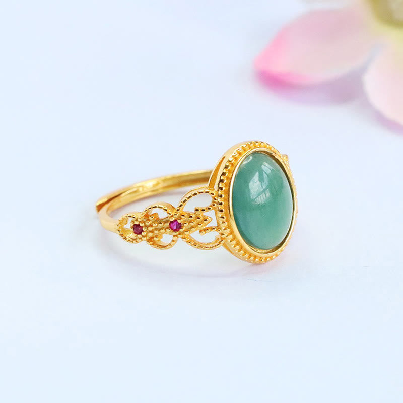 Nimara Ritual Natural 925 Sterling Silver Plated Gold Hollow Design Jade Luck Ring