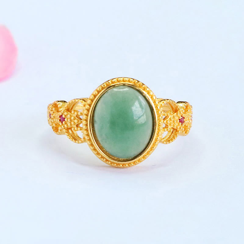 Nimara Ritual Natural 925 Sterling Silver Plated Gold Hollow Design Jade Luck Ring