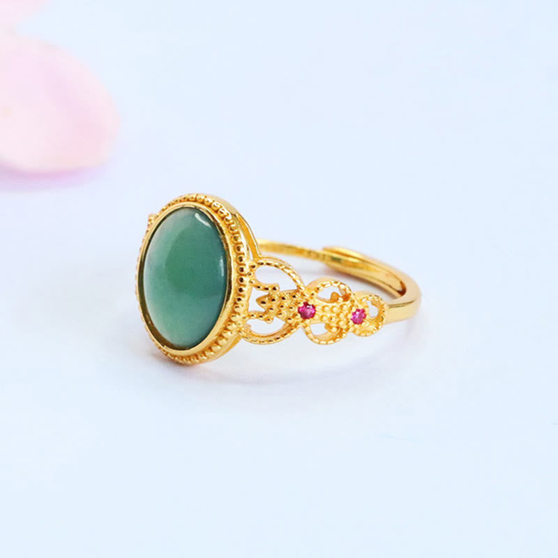 Nimara Ritual Natural 925 Sterling Silver Plated Gold Hollow Design Jade Luck Ring