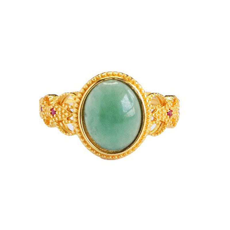 Nimara Ritual Natural 925 Sterling Silver Plated Gold Hollow Design Jade Luck Ring
