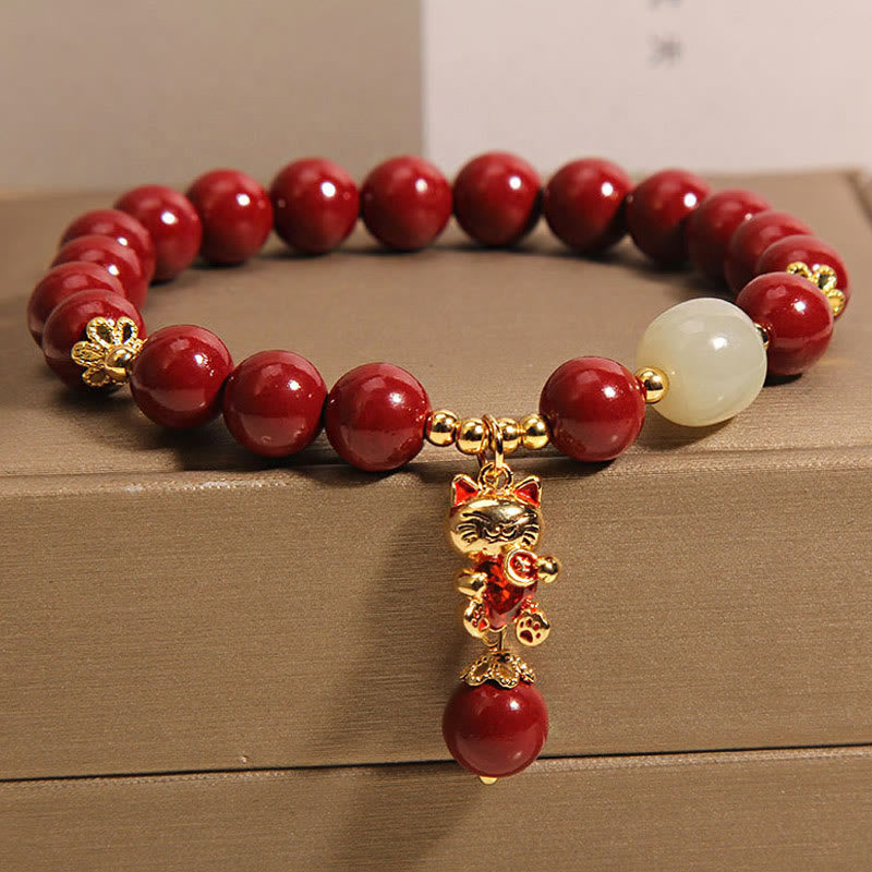 Nimara Ritual Natural Lucky Cat Pendant Cinnabar Blessing Bracelet