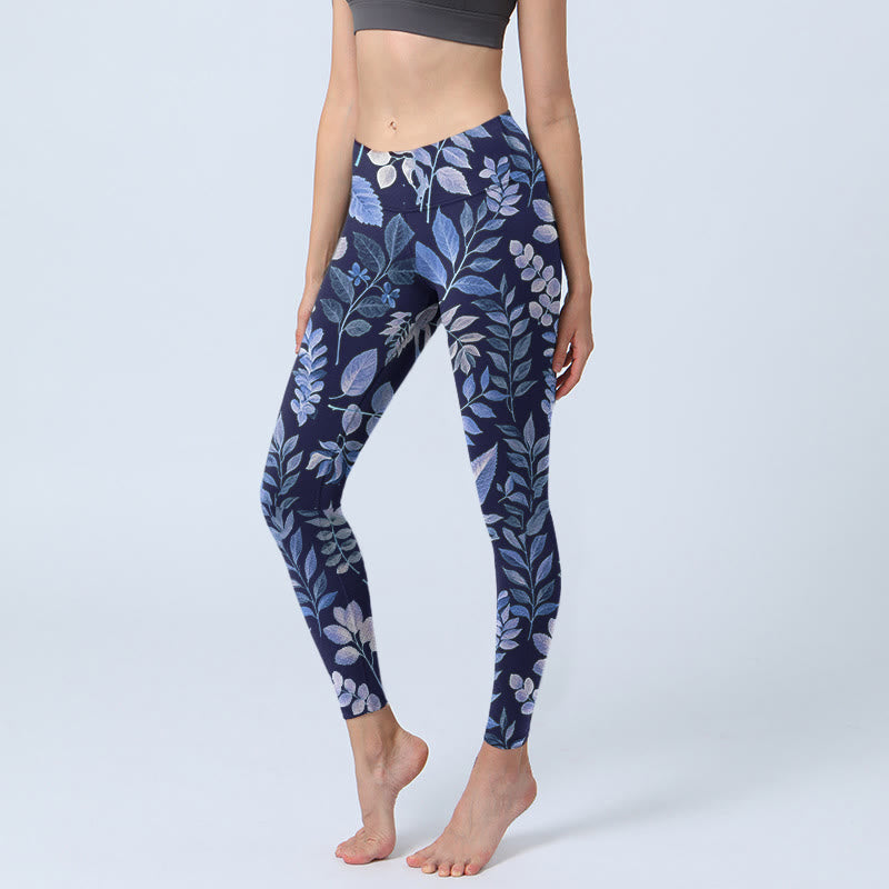 Nimara Ritual Purple Leaves Print Gym Leggings Women's Yoga Pants