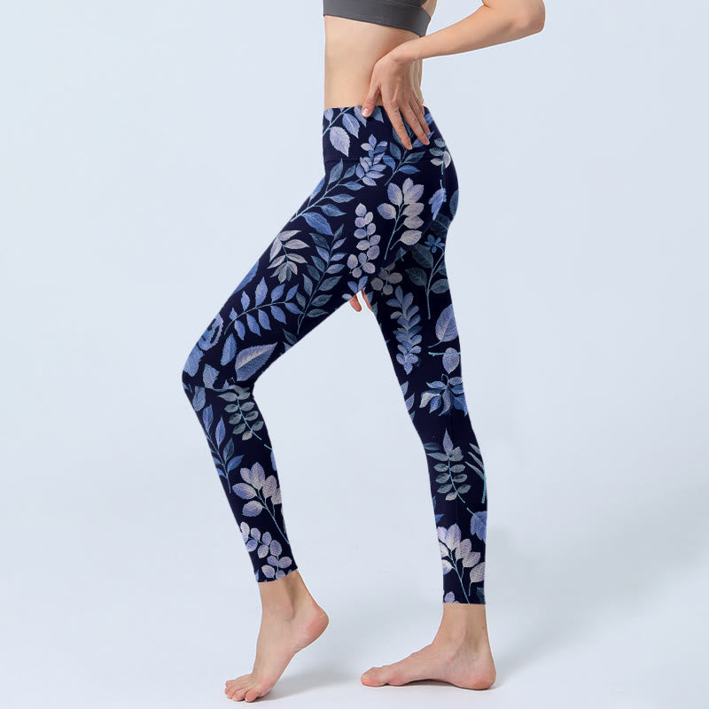 Nimara Ritual Purple Leaves Print Gym Leggings Women's Yoga Pants