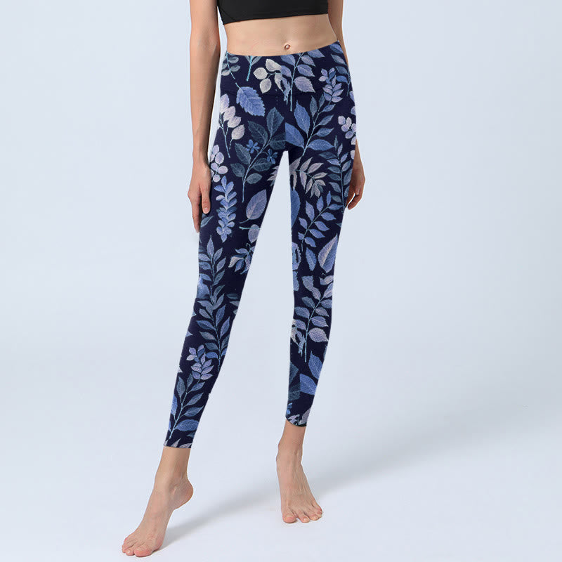 Nimara Ritual Purple Leaves Print Gym Leggings Women's Yoga Pants