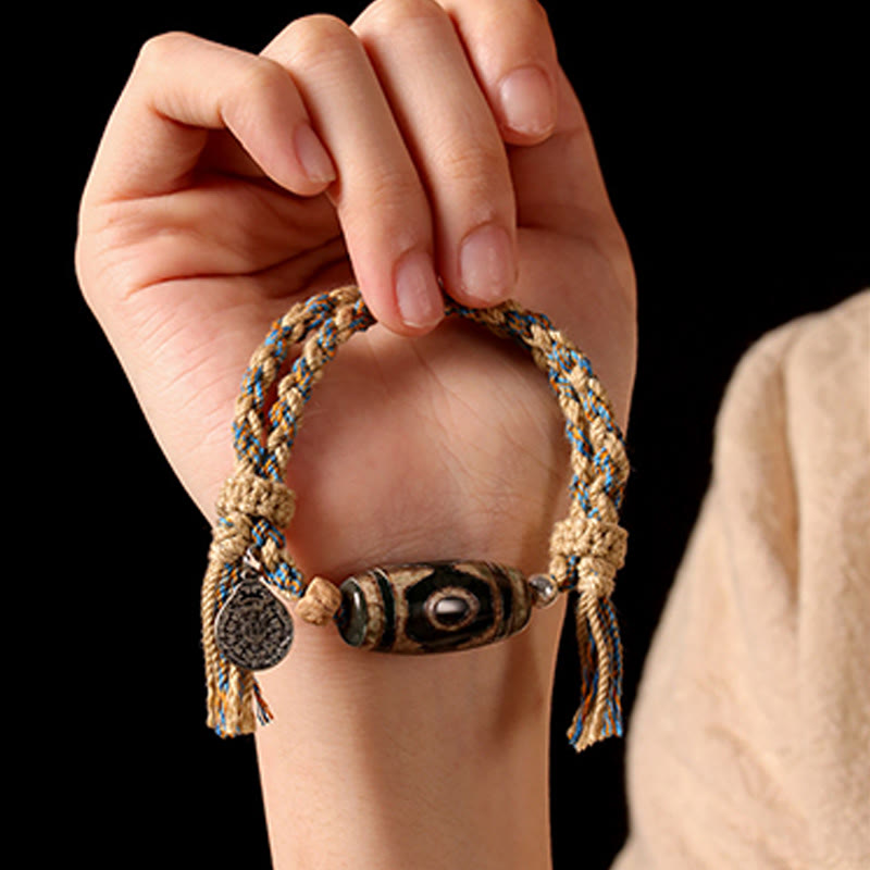 Nimara Ritual Handmade Tibetan Dzi Bead Wealth Protection Braided String Bracelet