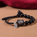 Soothing Strength Black Obsidian Silver Sheen Obsidian Cute Cat Dancing Lion Bracelet
