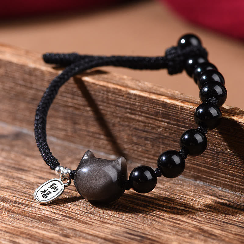 Soothing Strength Black Obsidian Silver Sheen Obsidian Cute Cat Dancing Lion Bracelet