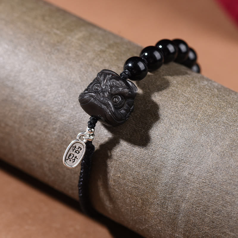 Nimara Ritual Black Obsidian Silver Sheen Obsidian Cute Cat Dancing Lion Strength Bracelet