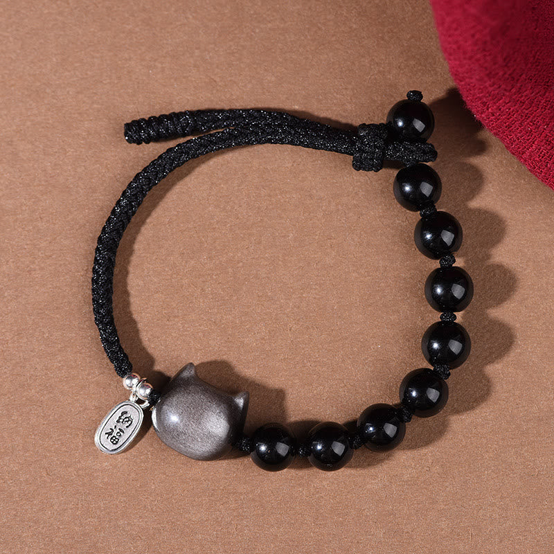 Soothing Strength Black Obsidian Silver Sheen Obsidian Cute Cat Dancing Lion Bracelet