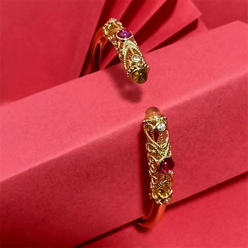 Nimara Ritual Golden Flower Pattern Red Zircon Amber Copper Luck Cuff Bracelet Bangle