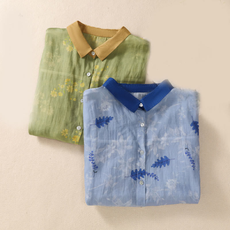 Nimara Ritual Small Yellow Flower Leaves Buttons Short Sleeve Women's Shirt