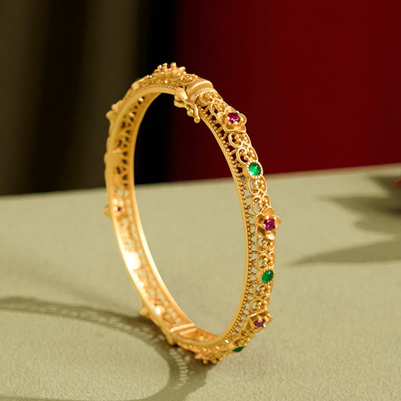 Nimara Ritual Hollow Design Copper Plated Gold Flower Luck Bracelet Bangle