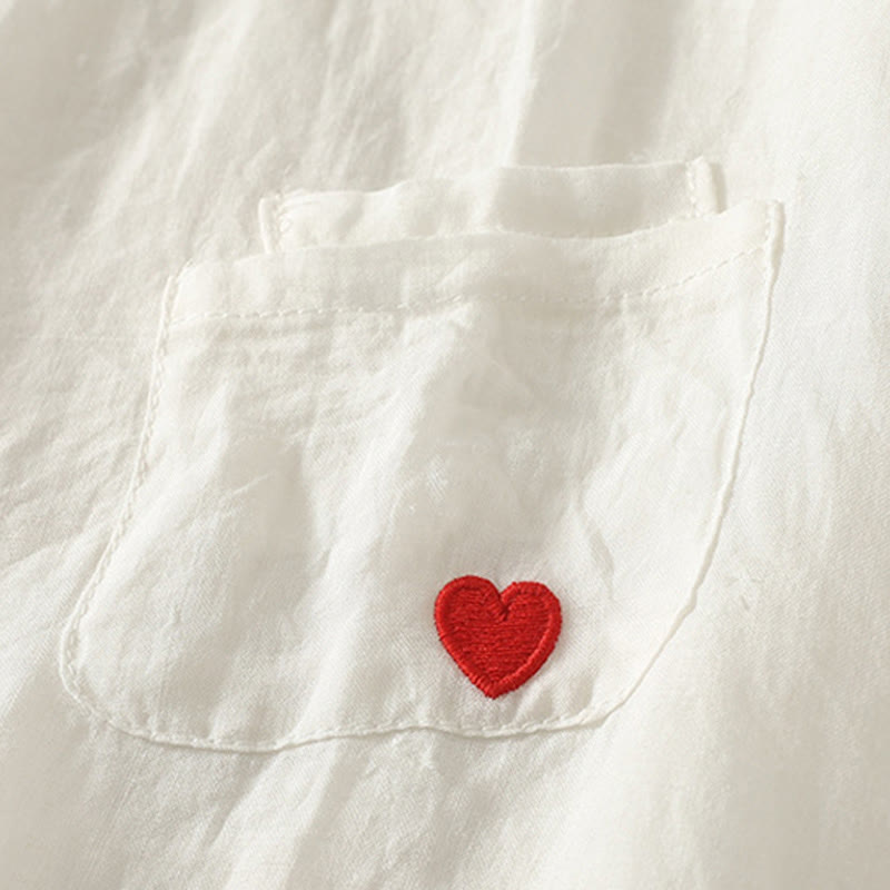 Nimara Ritual Casual Embroidery Red Heart Short Sleeve Women's Cotton Linen T-Shirt