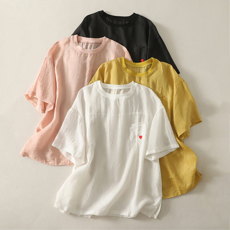 Nimara Ritual Casual Embroidery Red Heart Short Sleeve Women's Cotton Linen T-Shirt