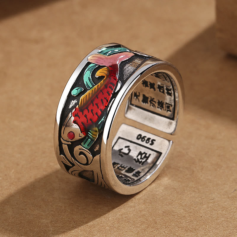 Nimara Ritual Blue Enamel Koi Fish Heart Sutra Success Ring