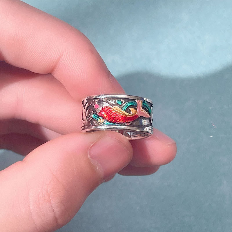 Bring Good Luck Koi Fish Heart Sutra Engraved Ring