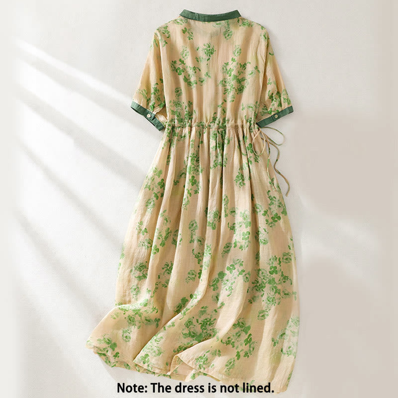 Nimara Ritual Printing Buttons Drawstring High Waist Short Sleeve Midi Dress With Pockets