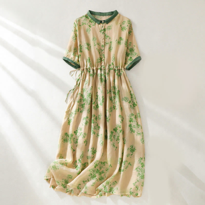 Nimara Ritual Printing Buttons Drawstring High Waist Short Sleeve Midi Dress With Pockets