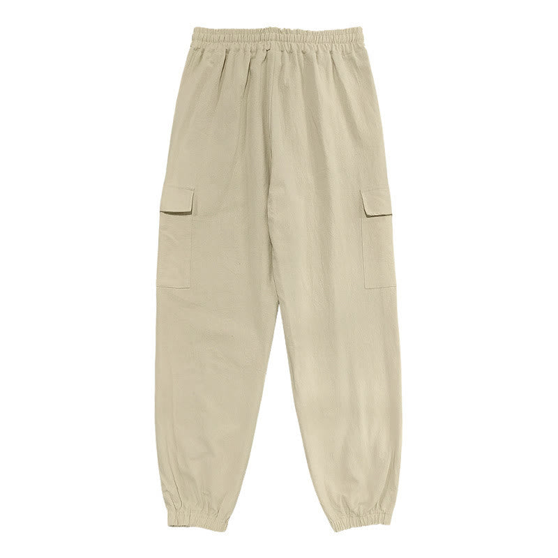 Nimara Ritual Solid Color Linen Drawstring Men's Cargo Pants With Pockets