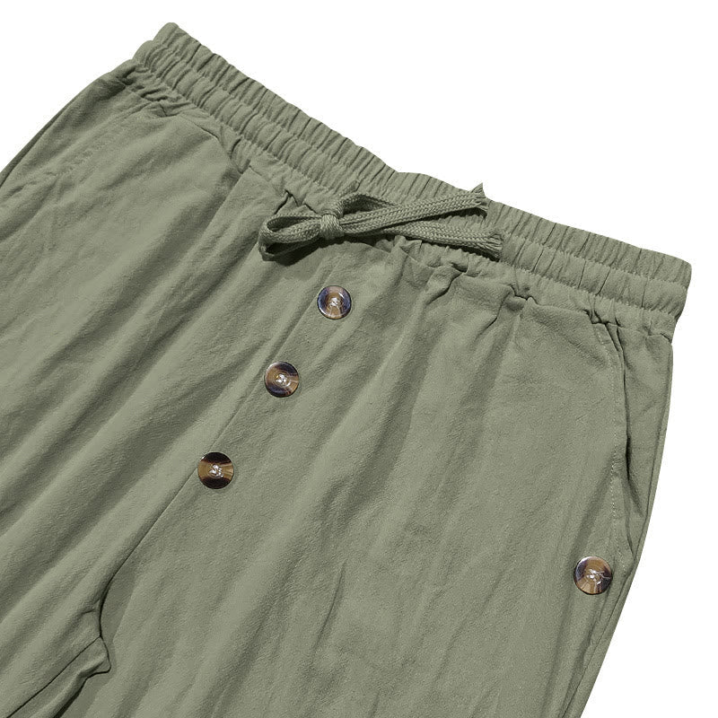 Nimara Ritual Solid Color Buttons Drawstring Men's Cotton Pants With Pockets