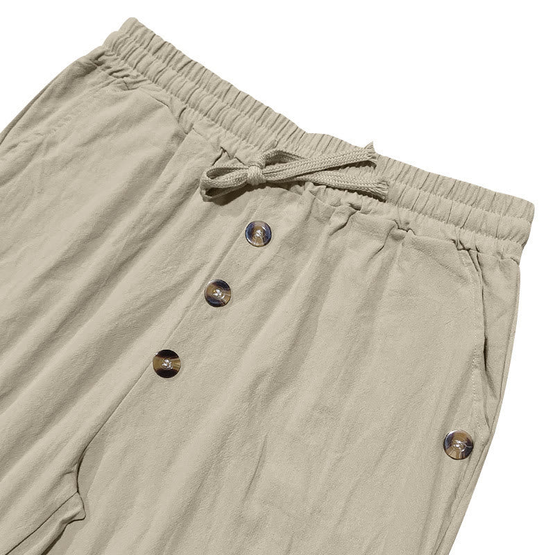 Nimara Ritual Solid Color Buttons Drawstring Men's Cotton Pants With Pockets