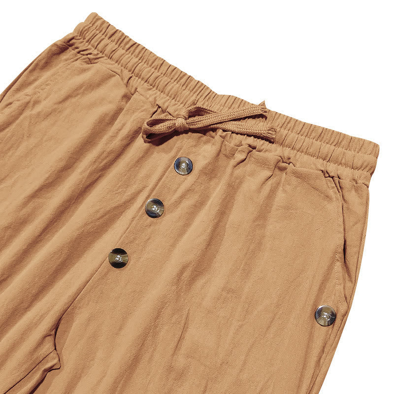 Nimara Ritual Solid Color Buttons Drawstring Men's Cotton Pants With Pockets
