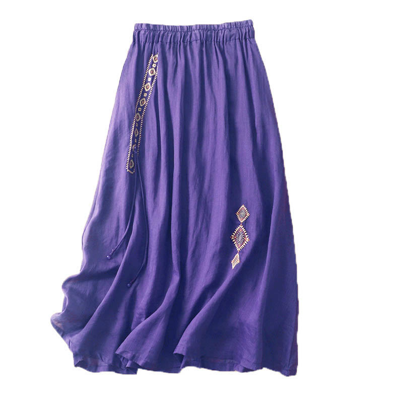 Nimara Ritual Ethnic Vintage Embroidery Button Design Women's Cotton Linen 7-8 Length Skirt