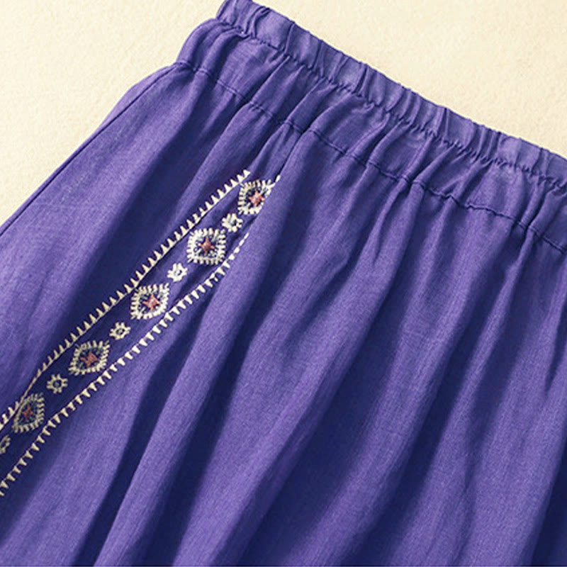Nimara Ritual Ethnic Vintage Embroidery Button Design Women's Cotton Linen 7-8 Length Skirt