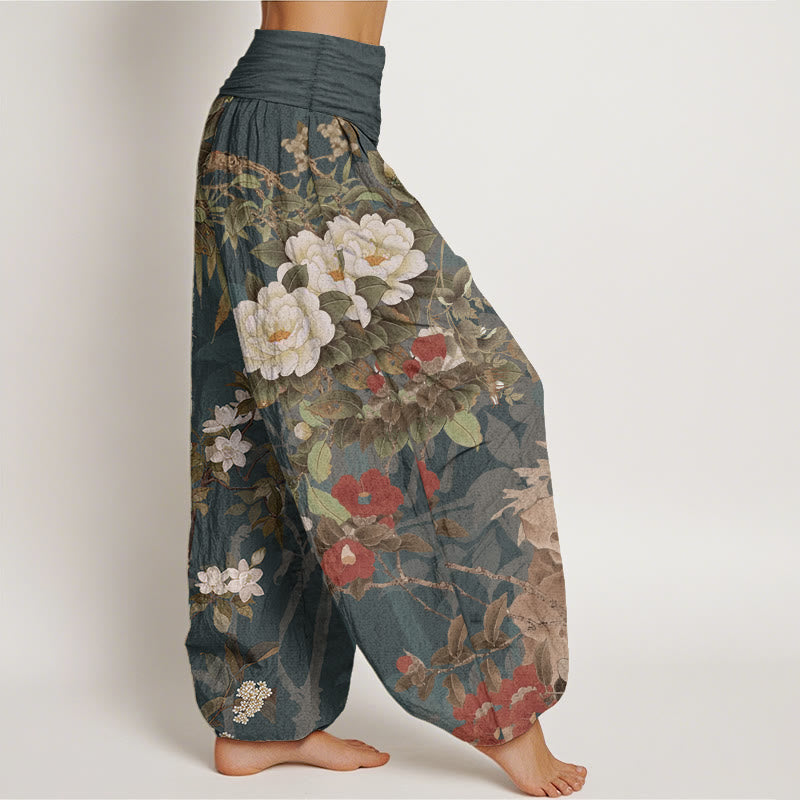 Nimara Ritual Pure Cotton Casual Peony Flowers Leaves Magpie Women's Elastic Waist Harem Pants