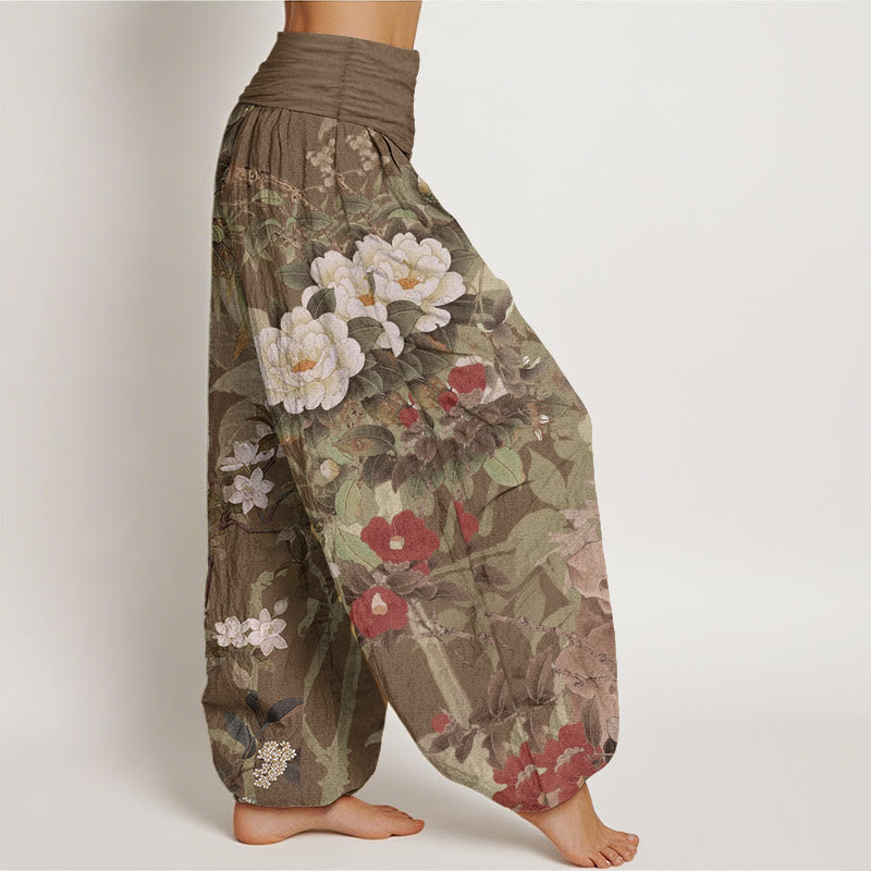 Nimara Ritual Pure Cotton Casual Peony Flowers Leaves Magpie Women's Elastic Waist Harem Pants