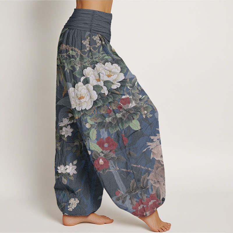 Nimara Ritual Pure Cotton Casual Peony Flowers Leaves Magpie Women's Elastic Waist Harem Pants