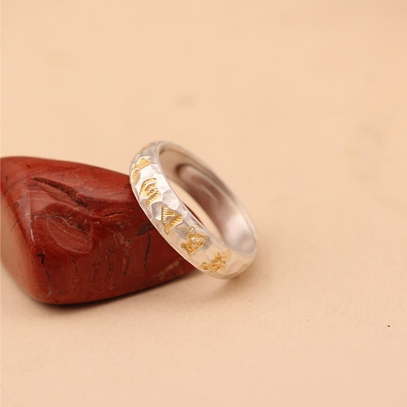 Nimara Ritual Hammer Pattern Om Mani Padme Hum Copper Plated Silver Wealth Ring
