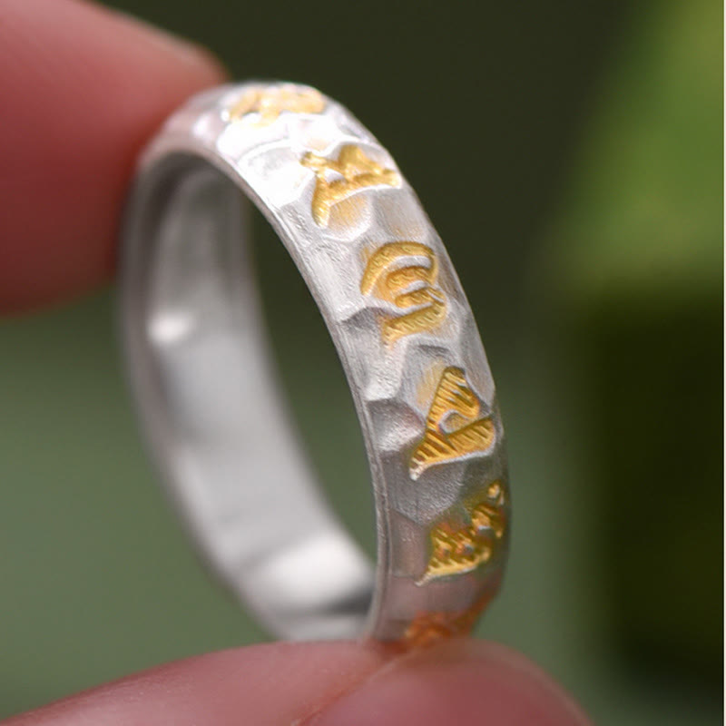 Nimara Ritual Hammer Pattern Om Mani Padme Hum Copper Plated Silver Wealth Ring